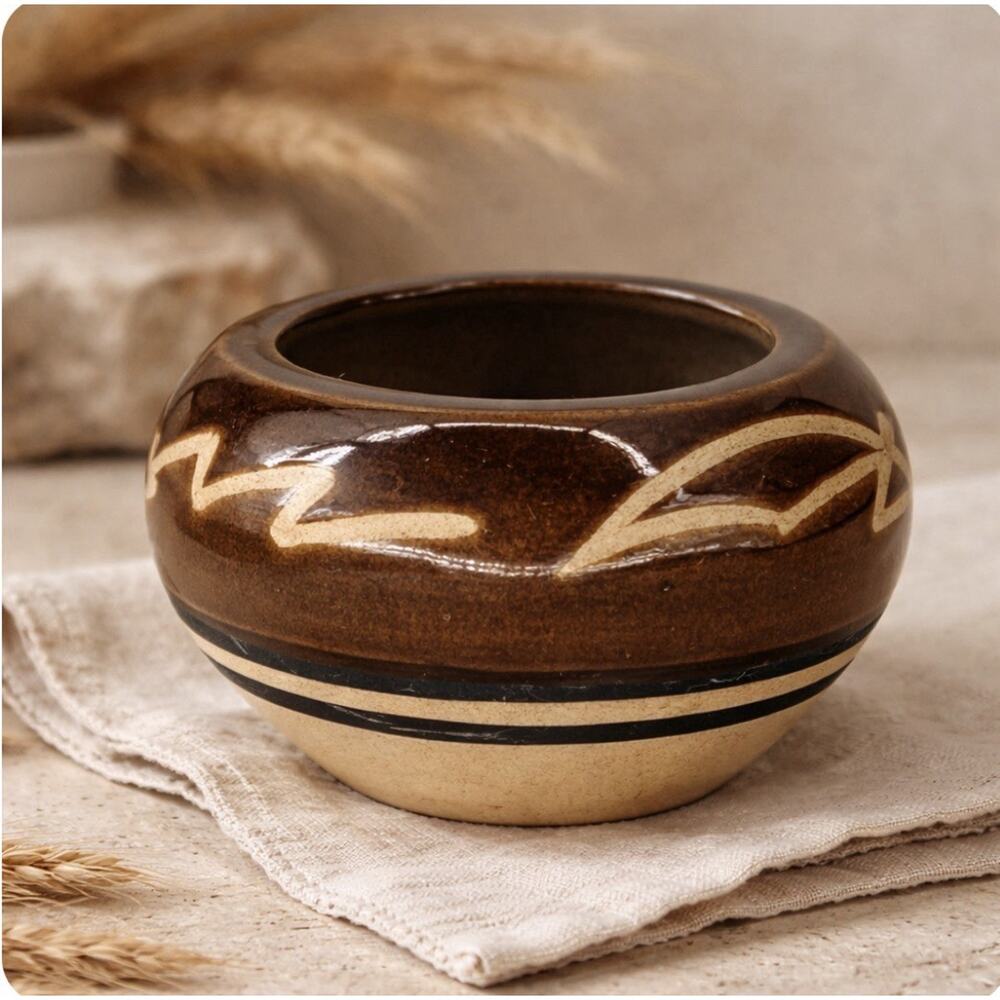 Vintage Studio Pottery Bowl Brown Glaze Abstract Modernist Handmade Ceramic